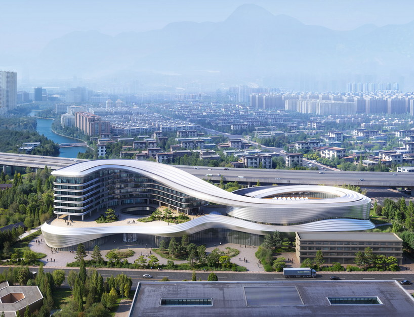 aluminum skin envelops curved exhibition center and hotel development by POA in china